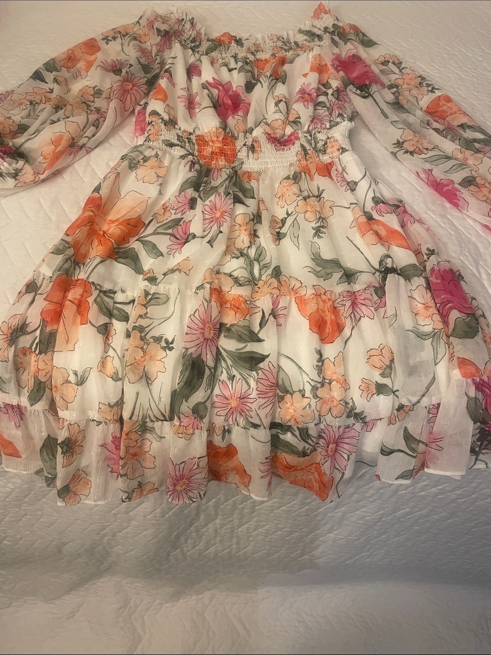 White Off-Shoulder Tiered Floral Casual Dress with Orange & Pink Blooms